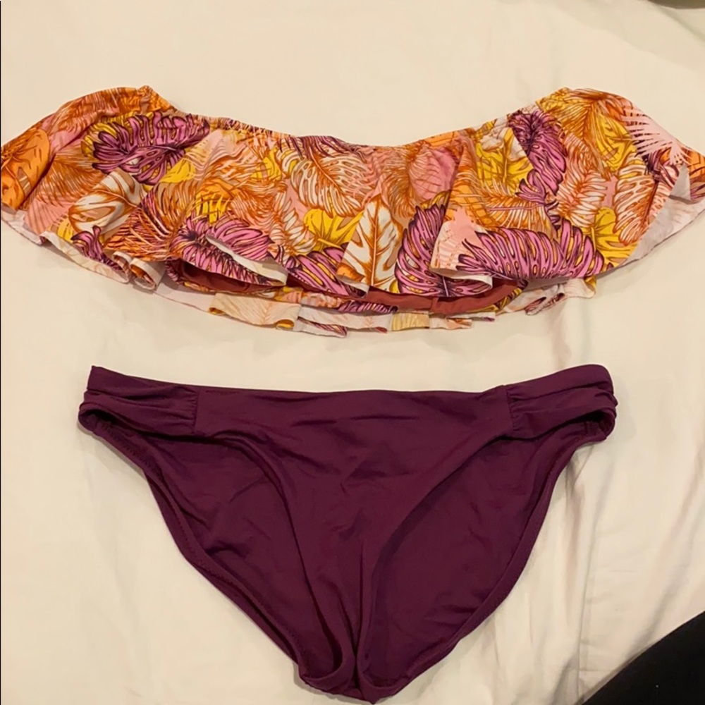 Strapless Ruffle Purple/Orange Palm Printed Bikini